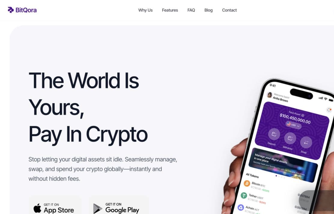 Current BitQora website with mobile wallet preview