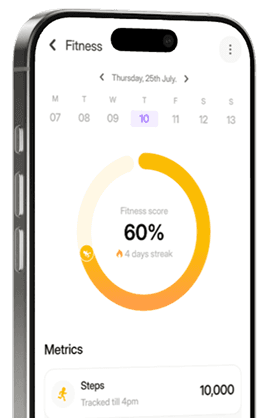 Current Routin fitness screen with score, streak, and steps